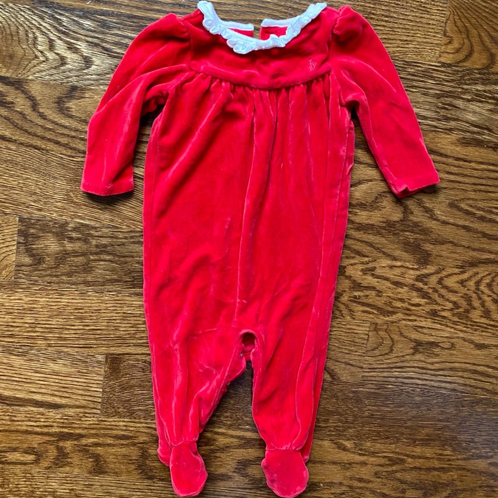 Ralph Lauren Baby Girl Velour Coverall Red